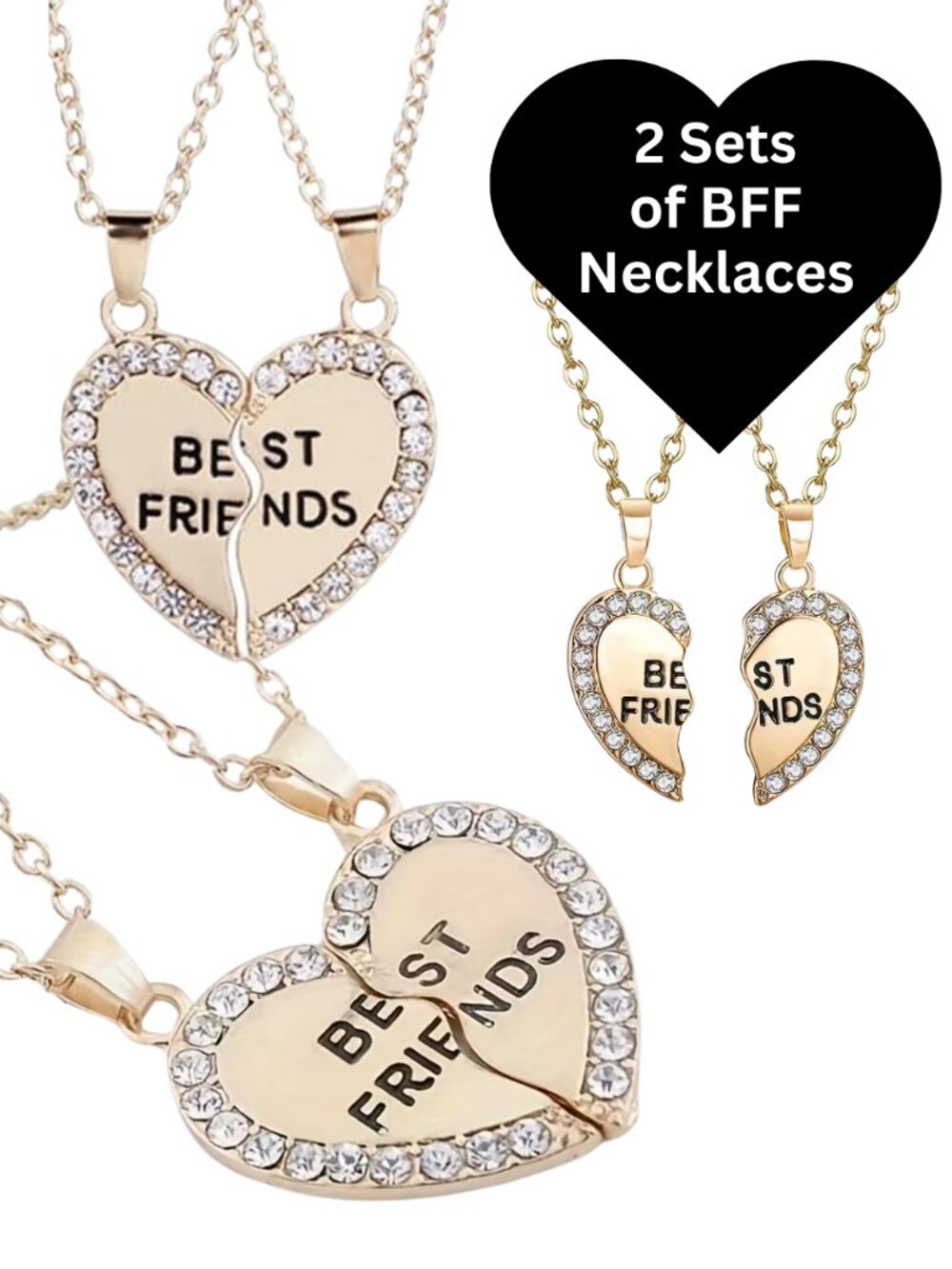 TWO Sets of 2 (4) Gold Plated Heart Theme Friendship BFF Couples Necklaces